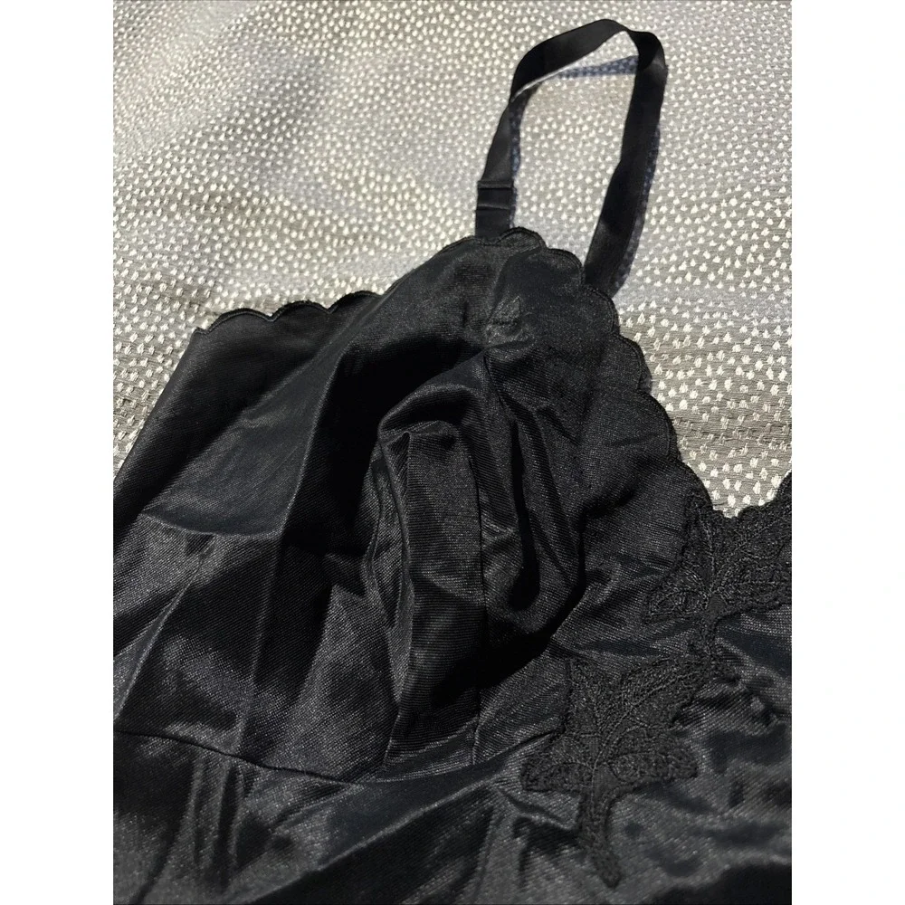 Vintage Shadowline Full Slip Dress Size 36 Black Nightie Sexy Nylon Peplum Trim